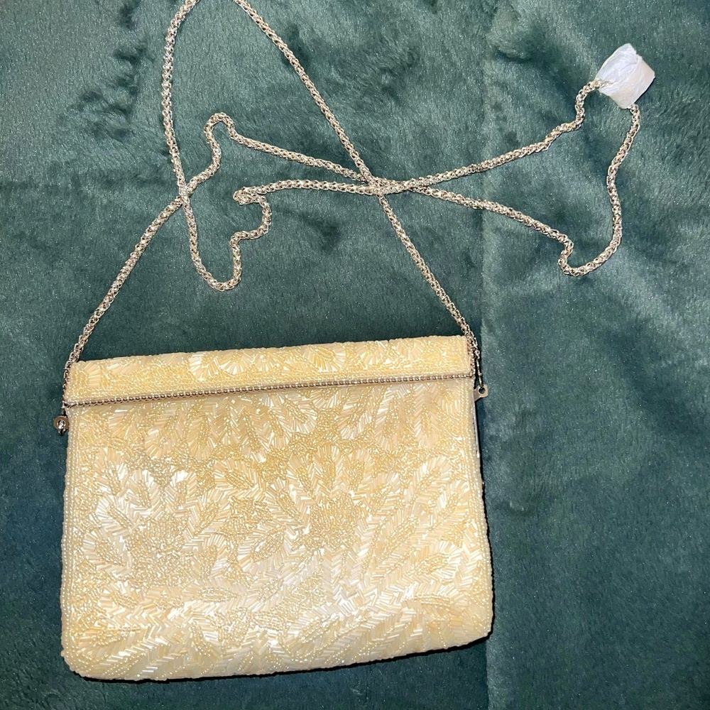 Nina Meadow Cream Beaded Clutch Purse Hot Pink Lining NWOT